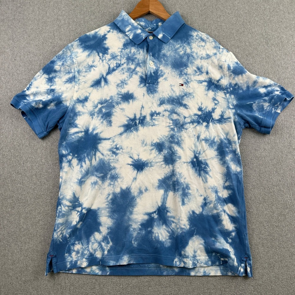 Tommy Hilfiger Polo Shirt Mens Large Blue Tie Dye Classic Fit Short Sleeve